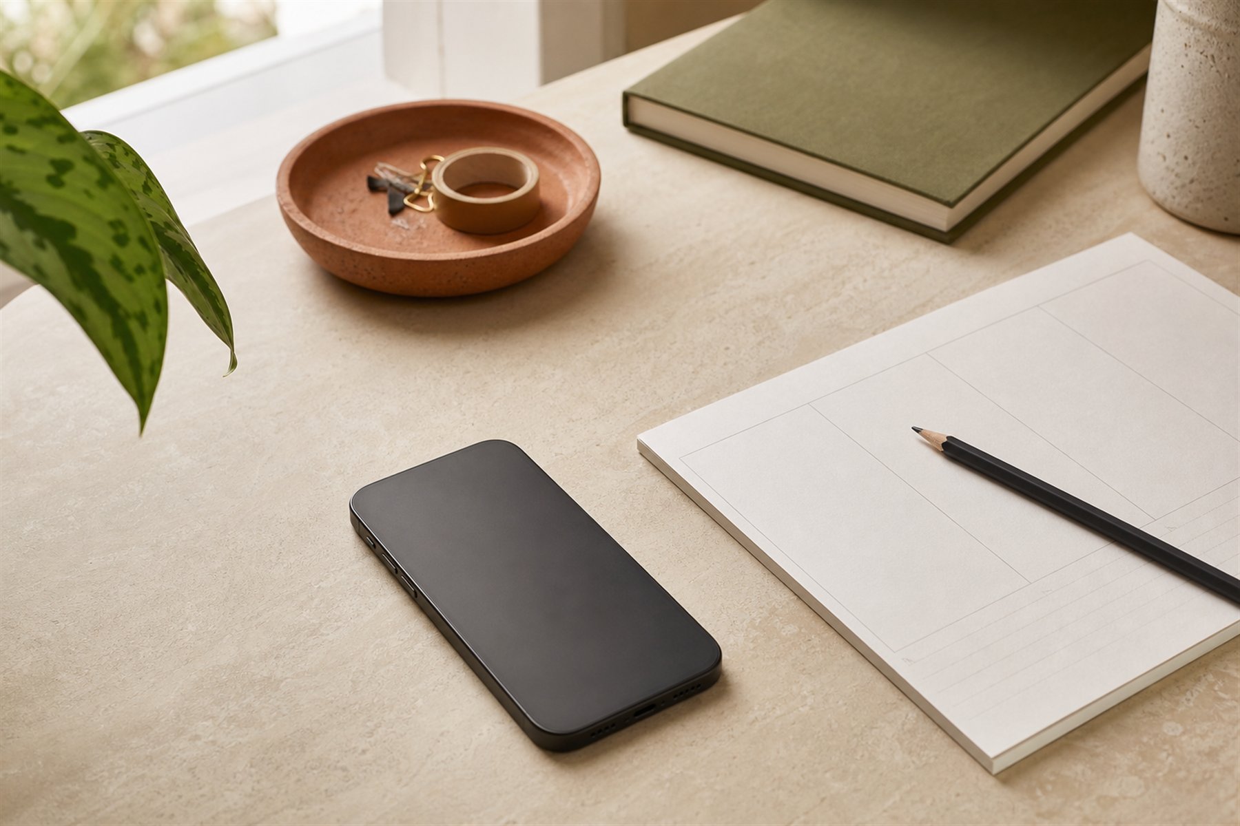 Smartphone naast een papieren weekplanner, olijfgroen notitieboek en terracotta schaaltje